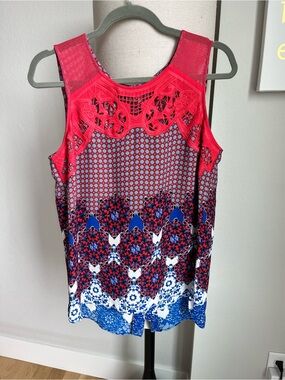 Crochet Yoke Patterned Tank Top in Bright Coral and Blue